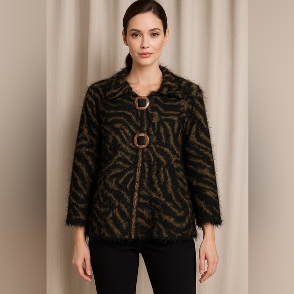 Jackets & Blazers - Emma G XL Black & Gold Fuzzy Jacket Textured Shaggy Knit,Wood Buckle